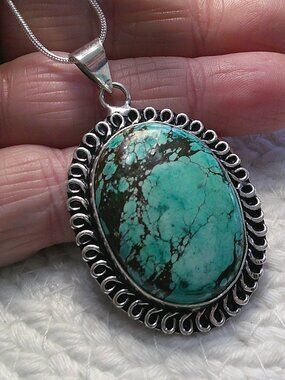 Rustic NEW LANDER TURQUOISE Handmade Sterling 925 Pendant/Chain #699E